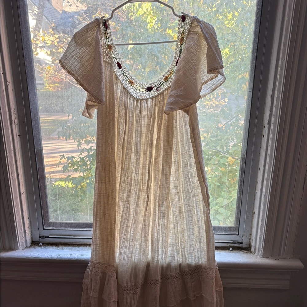 Cream Vintage Boho Dress with Crochet Neckline
